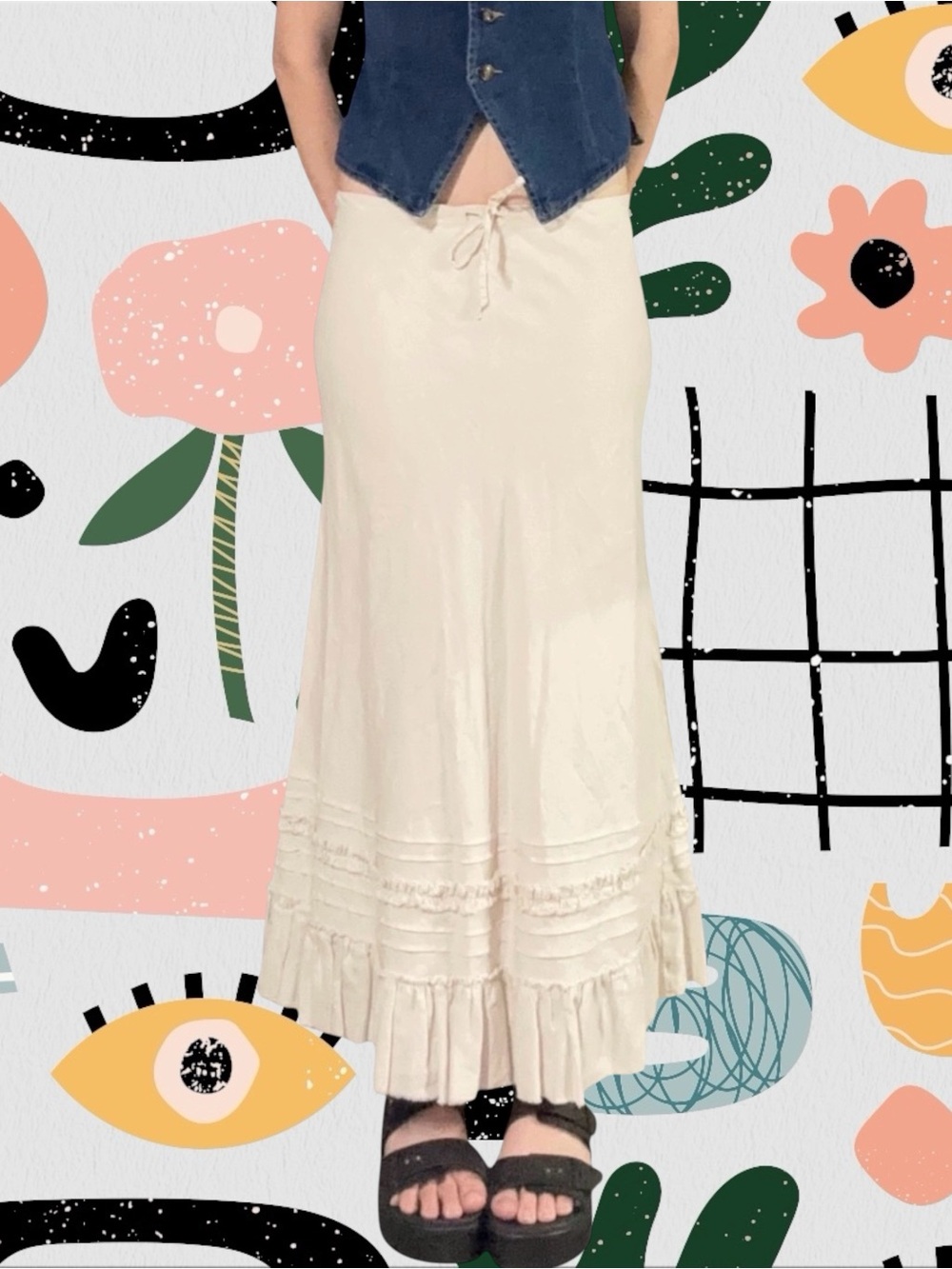Old Navy | Vintage 100% Linen Ivory Low Rise Tie Waist Boho Maxi Skirt